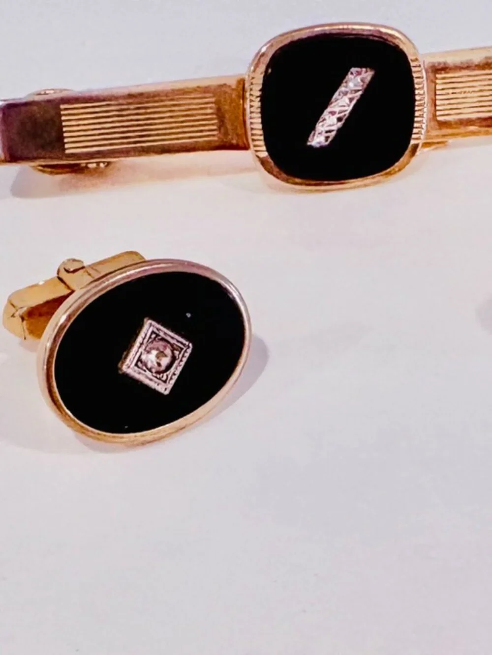 Vintage Anson Black Onyx & Diamond Chip Cufflinks Tie Bar Set Gold Tone Mid-Cent